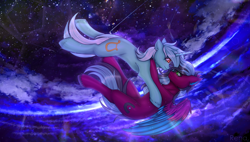 Size: 4096x2328 | Tagged: safe, artist:rena, derpibooru import, lyra heartstrings, oc, oc:razzmatazz gleam, hybrid, pegabat, pegasus, pony, unicorn, g4, canon x oc, duo, falling, female, freefall, horn, lesbian, night, shipping, space, unshorn fetlocks