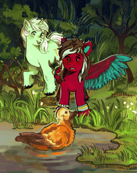 Size: 1755x2200 | Tagged: safe, artist:kotvosne, derpibooru import, lyra heartstrings, oc, oc:razzmatazz gleam, bird, duck, hybrid, pegabat, pony, unicorn, g4, canon x oc, duo, female, forest, horn, mare, nature, outdoors, pond, shipping, tree, water