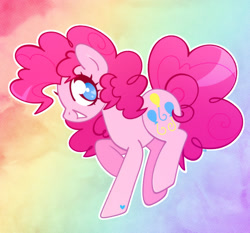 Size: 1500x1400 | Tagged: safe, artist:vivian reed, derpibooru import, pinkie pie, earth pony, pony, g4, bipedal, female, grin, heart, heart eyes, looking at you, mare, no pupils, outline, rainbow background, smiling, smiling at you, solo, white outline, wingding eyes