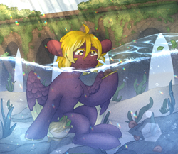 Size: 2300x2000 | Tagged: safe, artist:dereketto, derpibooru import, oc, oc only, oc:whimsy lily, hybrid, original species, bridge, crepuscular rays, cusige, female, mare, outdoors, snail, solo, underwater, water