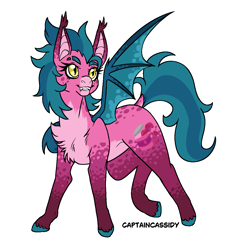 Size: 1300x1300 | Tagged: safe, artist:captaincassidy, derpibooru import, oc, oc only, oc:raspberry jam, bat pony, bat pony oc, ear tufts, eyebrow slit, eyebrows, golden eyes, hooves, nonbinary oc, pink coat, simple background, splotches, spots, spotted, teal mane, transparent background