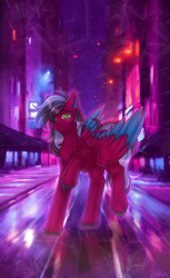 Size: 1536x2508 | Tagged: safe, artist:rena, derpibooru import, oc, oc only, oc:razzmatazz gleam, hybrid, pegabat, pony, city, female, mare, neon, outdoors, solo