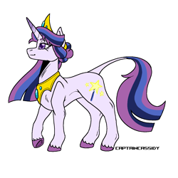 Size: 1300x1300 | Tagged: safe, artist:captaincassidy, derpibooru import, oc, oc only, oc:royal scepter, unicorn, concave belly, crown, female, gold, gradient horn, horn, jewelry, multicolored hair, necklace, purple mane, regalia, simple background, solo, striped mane, thin, transparent background, unicorn oc