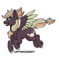 Size: 1300x1300 | Tagged: safe, artist:captaincassidy, derpibooru import, oc, oc only, oc:pepperjack, pegasus, :d, blue eyes, brown coat, butt freckles, cheese, chest fluff, colored wings, feathered ears, feathered fetlocks, feathered wings, female, flying, food, freckles, multicolored wings, open mouth, open smile, pegasus oc, ponytail, simple background, smiling, solo, speckled, striped mane, transparent background, wings