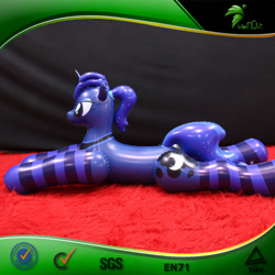 Size: 750x750 | Tagged: safe, derpibooru import, princess luna, inflatable pony, pony, unicorn, g4, bootleg, clothes, facing left, female, frame, hongyi, horn, inflatable, inflatable unicorn, inflation valve, irl, lying down, mare, opaque inflatable, peytral, photo, ponytail, prone, race swap, socks, solo, striped socks, unicorn luna