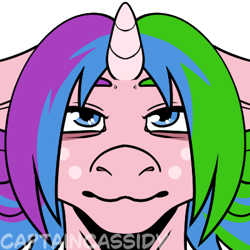 Size: 400x400 | Tagged: safe, artist:captaincassidy, derpibooru import, oc, oc only, oc:rainy shine, unicorn, bags under eyes, blue eyes, character:gluttonace, ears back, freckles, horn, icon, looking at you, multicolored mane, narrowed eyes, pink coat, simple background, transparent background, unicorn oc