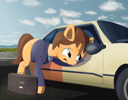 Size: 2136x1683 | Tagged: safe, artist:caralowhigh, derpibooru import, oc, earth pony, pony, better call saul, briefcase, car, cloud, day, lawyer, male, movie reference, saulgoodmare, shitbox, solo, stallion, suzuki, suzuki esteem, television