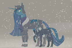 Size: 4000x2700 | Tagged: safe, artist:stray prey, derpibooru import, oc, oc only, oc:lucent, oc:sunbeam, pony, female, larger female, male, size difference, smaller male, snow, snowfall