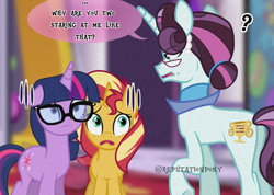 Size: 1152x821 | Tagged: safe, artist:tantann_7, derpibooru import, principal abacus cinch, sci-twi, sunset shimmer, twilight sparkle, pony, unicorn, g4, concave belly, confused, equestria girls ponified, female, glasses, height difference, horn, mare, nervous, physique difference, ponified, raised hoof, raised leg, shocked, species swap, speech bubble, text, thin, trio, trio female, unicorn abacus cinch, unicorn sci-twi