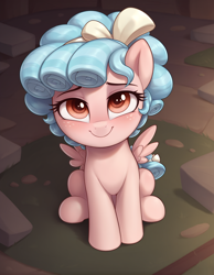 Size: 1744x2248 | Tagged: safe, ai content, derpibooru import, machine learning generated, cozy glow, pegasus, pony, g4, cozybetes, cute, female, filly, foal, freckles, looking at you, looking up, smiling, smiling at you, solo, wings