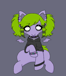 Size: 2000x2300 | Tagged: safe, artist:sillybugdrawz, derpibooru import, oc, oc only, oc:bug brainz, bat pony, bat pony oc, bracelet, clothes, collar, ear piercing, emo, fangs, floating wings, full body, gauges, hoodie, jewelry, looking at you, nonbinary, piercing, ponysona, raised hoof, raised leg, scemo, scene, sitting, tongue, tongue out, wings