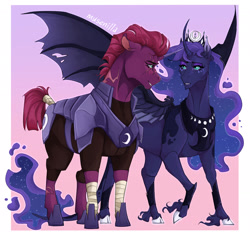 Size: 2048x1924 | Tagged: safe, artist:musenilla, derpibooru import, princess luna, tempest shadow, alicorn, unicorn, g4, armor, chin fluff, colored hooves, colored pinnae, cuffs (clothes), curved horn, duo, duo female, ear fluff, ears, ears back, ethereal mane, ethereal tail, eyeshadow, female, fetlock tuft, hoers, hoof shoes, hooves, horn, hybrid wings, jewelry, leg wraps, leonine tail, lesbian, looking at each other, looking at someone, makeup, mare, neck scar, nervous, nervous smile, peytral, raised hoof, raised leg, realistic horse legs, scar, ship:tempestluna, shipping, smiling, spread wings, tail, tiara, wings