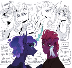 Size: 2048x1924 | Tagged: safe, artist:musenilla, derpibooru import, princess luna, tempest shadow, alicorn, unicorn, g4, armor, blush lines, blushing, chin fluff, cross-popping veins, curved horn, dialogue, duo, duo female, ears back, emanata, ethereal mane, female, handkerchief, hoers, horn, jewelry, lesbian, looking at each other, looking at someone, looking at you, magic, magic aura, mare, nose scar, peytral, question mark, scar, ship:tempestluna, shipping, simple background, speech bubble, talking, text, tiara, white background