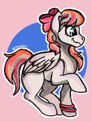 Size: 1080x1440 | Tagged: safe, artist:crandyart, derpibooru import, angel wings, pegasus, pony, g4, bow, disability pride, female, folded wings, hair bow, mare, raised hoof, raised leg, signature, smiling, tail, wings