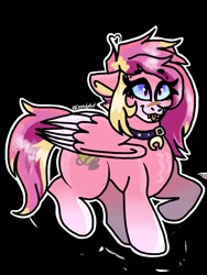 Size: 1080x1440 | Tagged: safe, artist:crandyart, derpibooru import, oc, oc only, pegasus, pony, collar, fangs, female, folded wings, mare, pegasus oc, raised hoof, raised leg, signature, smiling, solo, tail, tongue, tongue out, wings