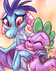 Size: 1560x2000 | Tagged: safe, artist:whitediamonds, derpibooru import, princess ember, spike, dragon, g4, 2016, colored, cute, dragoness, duo, duo male and female, emberbetes, eyes closed, female, gradient background, hug, looking at someone, male, sketch, smiling, spikabetes, spread wings, wingless spike, wings