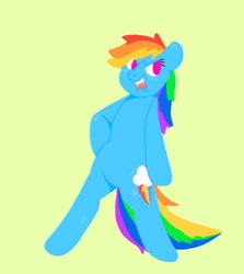 Size: 892x1000 | Tagged: safe, artist:weirdobr0ny, derpibooru import, rainbow dash, semi-anthro, g4, no pupils, open mouth, simple background, solo, yellow background