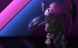 Size: 1440x900 | Tagged: safe, artist:firgof, derpibooru import, twilight sparkle, pony, unicorn, g4, abstract background, assassin, clothes, colored, crossover, drawthread, female, horn, looking at you, looking back, looking back at you, mare, margaret moonlight, requested art, shading, solo, voice actor joke, weapon