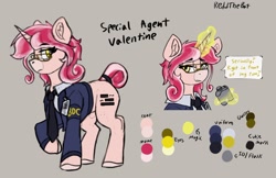 Size: 2050x1327 | Tagged: safe, artist:reddthebat, derpibooru import, oc, oc only, oc:agent valentine, pony, unicorn, clothes, coat markings, facial markings, female, flask, glasses, glowing, glowing horn, gray background, horn, levitation, lidded eyes, magic, mare, necktie, reference sheet, signature, simple background, snip (coat marking), solo, telekinesis