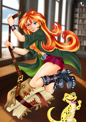 Size: 1000x1414 | Tagged: safe, artist:lord--opal, derpibooru import, ray, sunset shimmer, gecko, human, equestria girls, g4, ;p, awesome, belt, blood knight, book, bookshelf, boots, cloak, clothes, crossover, grin, harry potter (series), harry potter and the prisoner of azkaban, human coloration, indoors, leopard gecko, looking at you, looking down, monster book of monsters, one eye closed, open mouth, open smile, shirt, shoes, skirt, smiling, thumbs up, tomboy, tongue, tongue out, tying, wink, winking at you, wristband