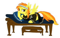 Size: 1000x645 | Tagged: safe, artist:anonymous, derpibooru import, spitfire, pegasus, g4, bedroom eyes, black dress, clothes, drawthread, dress, female, girly, headband, looking at you, lying down, mare, on couch, pillow, requested art, simple background, solo, spread wings, white background, wingboner, wings