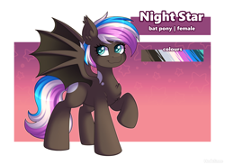 Size: 2900x2122 | Tagged: safe, artist:madelinne, derpibooru import, oc, oc only, oc:night star, bat pony, bat pony oc, bat wings, female, long tail, mare, reference sheet, short mane, solo, tail, wings