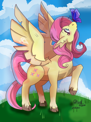 Size: 2400x3200 | Tagged: safe, artist:ghostar656, derpibooru import, fluttershy, butterfly, pegasus, pony, g4, butterfly on nose, female, high res, insect on nose, looking up, mare, raised hoof, raised leg, solo, spread wings, unshorn fetlocks, wings