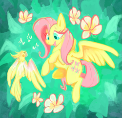 Size: 927x893 | Tagged: safe, artist:funkys0da, derpibooru import, fluttershy, bird, pegasus, pony, g4, cockatiel, female, flower, flying, looking at each other, looking at someone, mare, music notes, open mouth, smiling, solo