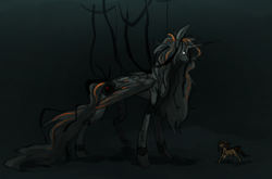 Size: 1460x965 | Tagged: safe, artist:bindigoat, derpibooru import, alicorn, pony, robot, robot pony, unicorn, chell, duo, glados, glowing, glowing eyes, horn, looking at each other, looking at someone, ponified, portal (valve), profile, size difference, species swap, wires