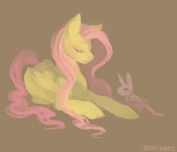 Size: 1394x1200 | Tagged: safe, artist:bindigoat, derpibooru import, angel bunny, fluttershy, pegasus, pony, rabbit, g4, animal, eyes closed, female, lineless, lying down, mare, prone, simple background