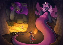 Size: 2800x1993 | Tagged: safe, artist:madelinne, derpibooru import, oc, oc only, oc:fritzy, dragon, lamia, original species, cave, gold, horn, kobold, macro, treasure, wings