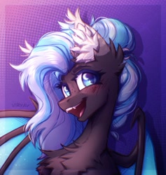 Size: 1304x1374 | Tagged: safe, artist:viryav, derpibooru import, oc, oc only, bat pony, pony, accessory, black body, blue eyes, blue hair, blushing, cheerful, chest fluff, colored pupils, ear fluff, ears, eyebrows, fangs, female, freckles, gradient background, happy, mare, mare oc, partially open wings, shiny mane, signature, sketch, smiling, solo, tassels, teeth, wings