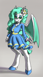 Size: 1948x3464 | Tagged: safe, artist:soundwavedragon, derpibooru import, oc, oc only, oc:nightwish, anthro, bat pony, unguligrade anthro, bat pony oc, bat wings, bedroom eyes, breasts, choker, clothes, curly hair, curly mane, dress, ear fluff, ear piercing, earring, ears, eyebrows, eyelashes, eyeshadow, female, heart choker, hoof fluff, hoof polish, jewelry, lidded eyes, long hair, long mane, long sleeves, makeup, nail polish, nails, partially open wings, piercing, slit eyes, solo, spread fingers, wide hips, wings