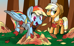 Size: 2400x1500 | Tagged: safe, artist:notadeliciouspotato, derpibooru import, applejack, rainbow dash, earth pony, pegasus, pony, g4, applejack is not amused, applejack's hat, autumn, clothes, cowboy hat, duo, duo female, eye clipping through hair, eyebrows, eyebrows visible through hair, eyelashes, eyeroll, female, freckles, grass, hairband, hat, jumping, leaf, leaf pile, leaves, mare, mouth hold, open mouth, open smile, raised hoof, raised leg, rake, signature, smiling, spread wings, tail, tail band, tree, unamused, wings