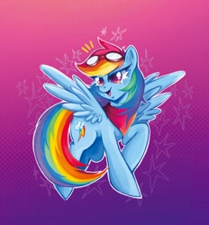 Size: 1343x1447 | Tagged: safe, artist:faelitha, derpibooru import, rainbow dash, pegasus, pony, g4, bandana, cute, female, flying, goggles, goggles on head, gradient background, mare, my little pony: friendship is magic, outline, procreate app, rainbow, solo, spread wings, stars, wings