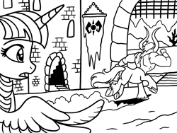 Size: 2048x1536 | Tagged: safe, artist:melspyrose, derpibooru import, lord tirek, twilight sparkle, twilight sparkle (alicorn), alicorn, centaur, taur, fanfic:age of equestria, g4, age of equestria, banner, black and white, castle, description, drawbridge, dust cloud, escaping, fleeing, gate, grayscale, implied chrysalis, implied cozy glow, implied dazzlings, implied grogar, implied king sombra, implied scorpan, implied storm king, monochrome, reference in the description, running, running away, scurrying, shocked, shocked expression, sketch, stairs, story included, tambelon, what could have been, what if