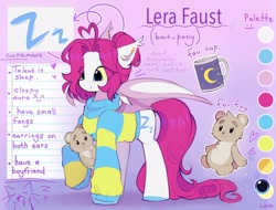 Size: 2048x1555 | Tagged: safe, artist:lerk, derpibooru import, oc, oc:lerk, bat pony, pony, clothes, ear piercing, mug, piercing, plushie, reference sheet, sweater, teddy bear