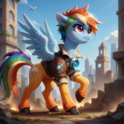 Size: 2048x2048 | Tagged: safe, ai content, derpibooru import, generator:stable diffusion, machine learning generated, rainbow dash, pony, g4, city, clothes, cosplay, costume, generator:bluefox mix, jacket, mountain, overwatch, prompter:kimberlite, rainbow tracer, tail, tracer