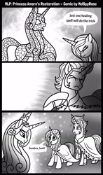 Size: 1535x2603 | Tagged: safe, artist:melspyrose, derpibooru import, king sombra, princess amore, radiant hope, g4, black and white, comic, freeing, glowing, grayscale, lens flare, looking back, monochrome, petrification, reformed sombra, restoration, smiling, speech, speech bubble, statue, surprised, talking, wince