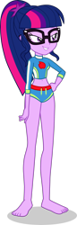 Size: 1346x3918 | Tagged: safe, alternate version, artist:dustinwatsongkx, derpibooru import, sci-twi, twilight sparkle, human, equestria girls, g4, applejack's beach shorts swimsuit, barefoot, clothes, clothes swap, feet, simple background, solo, swimsuit, swimsuit swap, transparent background, vector