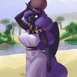 Size: 900x900 | Tagged: safe, artist:kevinsano, derpibooru import, princess luna, alicorn, anthro, unguligrade anthro, g4, big breasts, breasts, clothes, digital art, dress, egyptian, explicit source, female, gravity-defying breasts, jewelry, mare, princess balloona, river, solo, vase, water