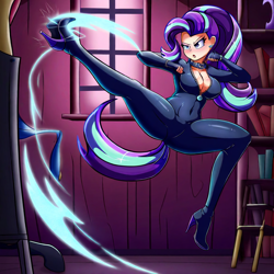 Size: 1024x1024 | Tagged: safe, ai content, derpibooru import, generator:novelai, generator:stable diffusion, machine learning generated, starlight glimmer, human, g4, boots, breasts, catsuit, cleavage, clothes, female, fit, high heel boots, high heels, humanized, kick, kicking, leather, martial arts, prompter:shojin, shoes, skintight clothes, slender, thin