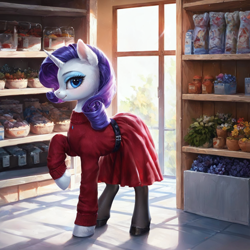 Size: 1280x1280 | Tagged: safe, ai content, derpibooru import, machine learning generated, rarity, pony, unicorn, g4, clothes, female, horn, mare, prompter:ilham470, raised hoof, raised leg, solo, store