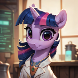 Size: 1024x1024 | Tagged: safe, ai content, derpibooru import, generator:pony diffusion v6 xl, generator:stable diffusion, machine learning generated, twilight sparkle, alicorn, pony, unicorn, g4, chest fluff, ear fluff, ears, horn, laboratory, prompter:teonanakatle, solo