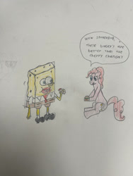 Size: 828x1104 | Tagged: safe, artist:snakebit3443, derpibooru import, pinkie pie, earth pony, pony, g4, crossover, dialogue, duo, eating, female, krabby patty, male, mare, sponge, spongebob squarepants, spongebob squarepants (character), traditional art