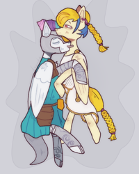 Size: 1500x1874 | Tagged: safe, derpibooru import, idw, golden feather, princess celestia, oc, oc:light knight, pegasus, pony, g4, armor, armor skirt, canon x oc, clothes, disguise, disguised celestia, dress, duo, fantasy class, female, greece, greek, guard, knight, licking, male, military, roman, rome, skirt, spartan, straight, toga, tongue, tongue out, warrior