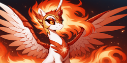 Size: 2400x1200 | Tagged: safe, ai content, derpibooru import, machine learning generated, daybreaker, alicorn, pony, g4, armor, female, fire, horn, mare, prompter:greesys, slit eyes, solo, spread wings, wings