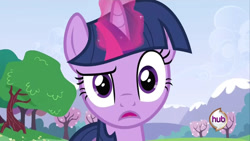 Size: 640x360 | Tagged: safe, derpibooru import, screencap, twilight sparkle, unicorn twilight, pony, unicorn, a canterlot wedding, g4, confused, female, horn, hub logo, logo, looking at you, my little pony: friendship is magic, solo, the hub