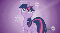 Size: 1280x720 | Tagged: safe, derpibooru import, screencap, twilight sparkle, unicorn twilight, unicorn, g4, female, horn, hub logo, logo, solo, the hub