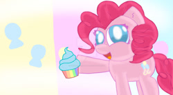 Size: 1024x567 | Tagged: safe, artist:sunnyandarianna16, derpibooru import, pinkie pie, earth pony, pony, fanfic:cupcakes, g4, cupcake, deviantart watermark, female, food, hoof hold, implied rainbow dash, mare, no pupils, obtrusive watermark, open mouth, open smile, rainbow cupcake, smiling, watermark